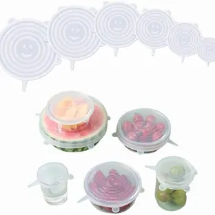 Set de 6 tapas de silicona reutilizables de distintos tamaños, sobre boles y vasos